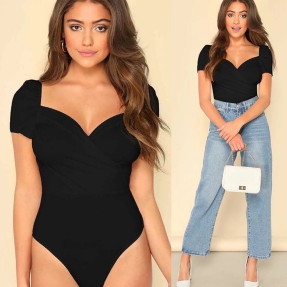 Bellanblue Tops - black Sweetheart neck cap sleeve bodysuit